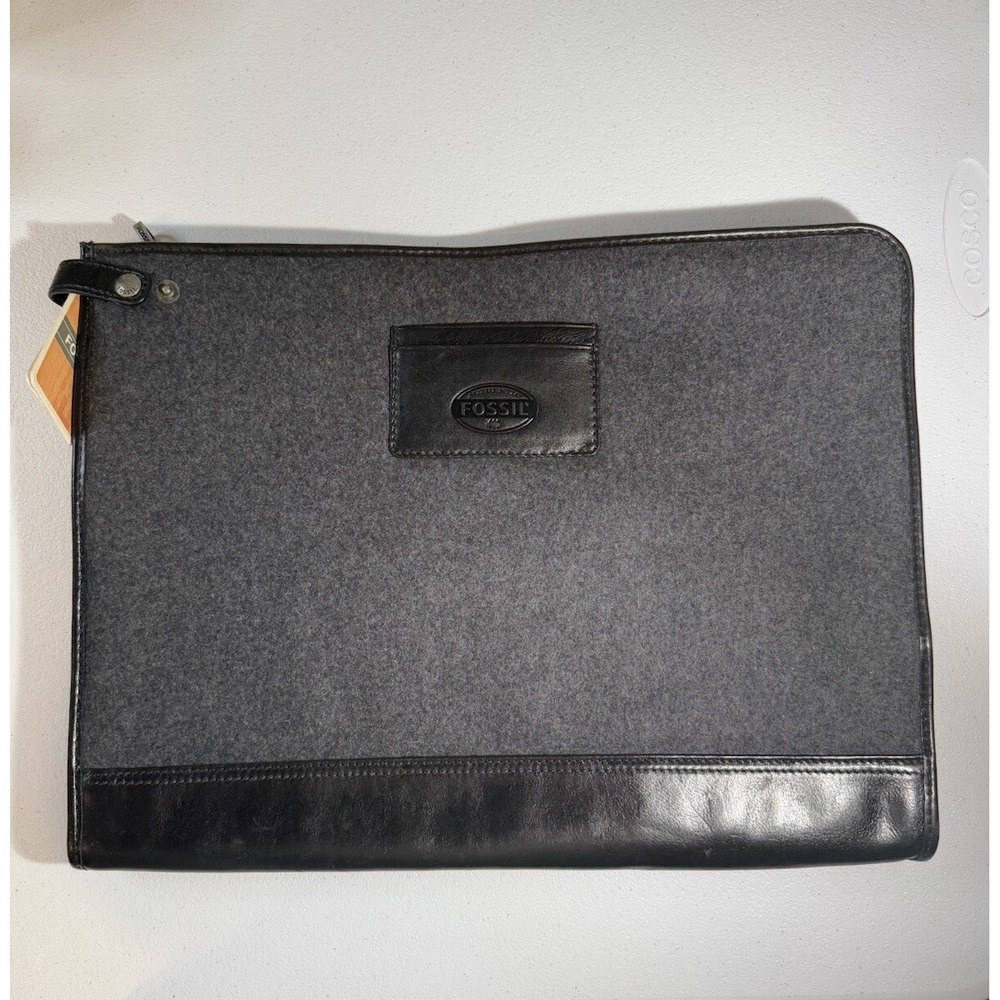 NWT FOSSIL Gray Suede/Black Leather Brief Case Messenger Brief Bag 15"x11.5"